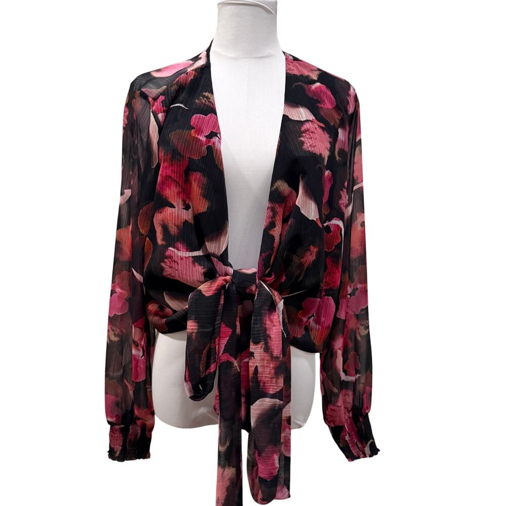 NWT Black Floral Sheer Chiffon Tie Front Long Sleeve Top Large Going Out V Neck